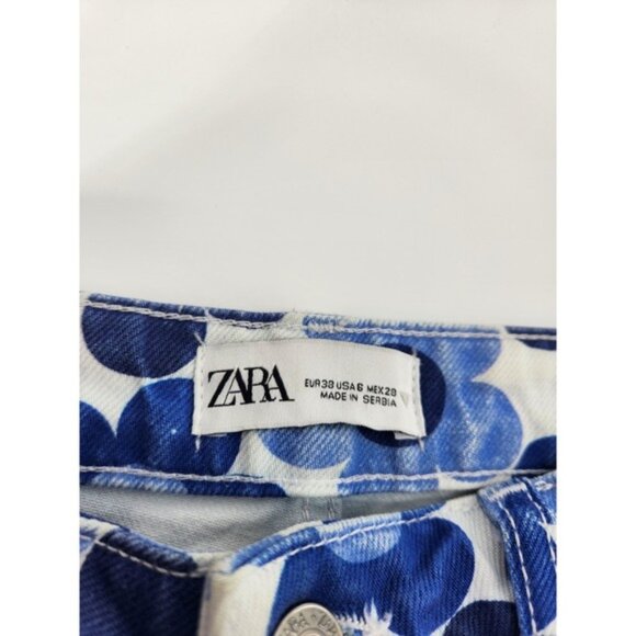 Zara Women's Blue Floral Print High Waist Button Fly Denim Jeans Size‎ 6 - Picture 4 of 8